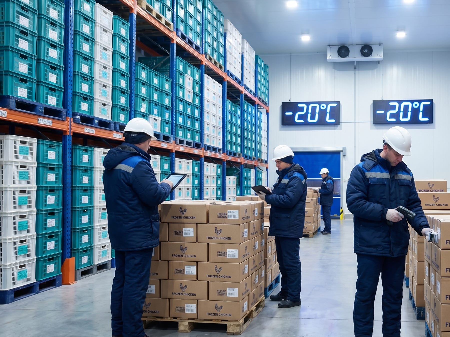 Equipo con tablets revisando lotes en una cámara de congelados a -20 °C